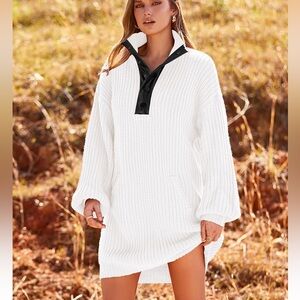 White Knit Sweater Dress, Black Funnel Neck, Snaps, Pockets, Stretch SMALL